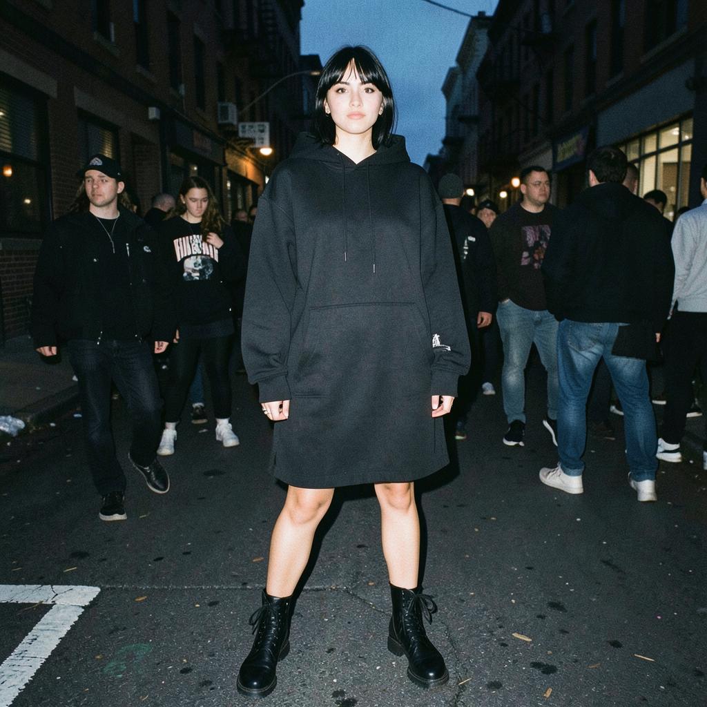Cronie wearing an oversized black hoodie as a dress