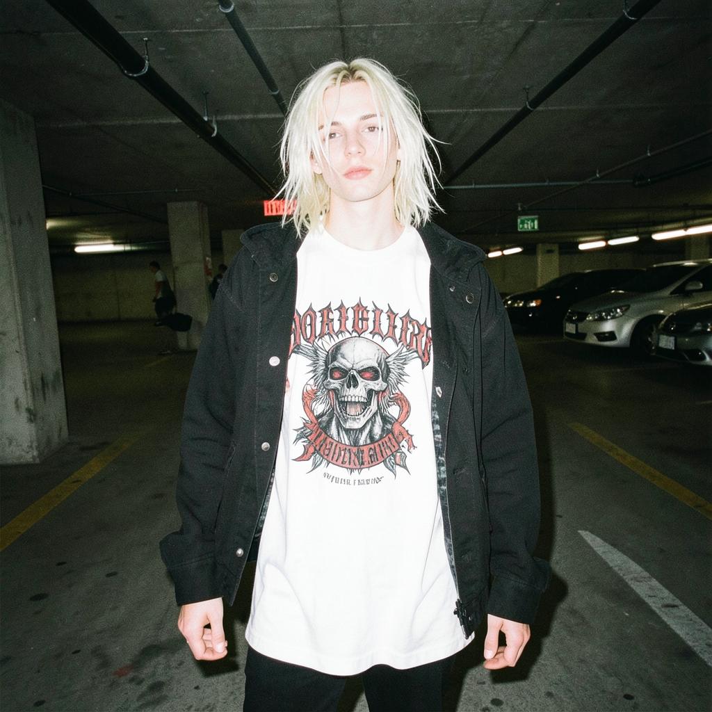 Cronie in a white gothic tee in a parking garage