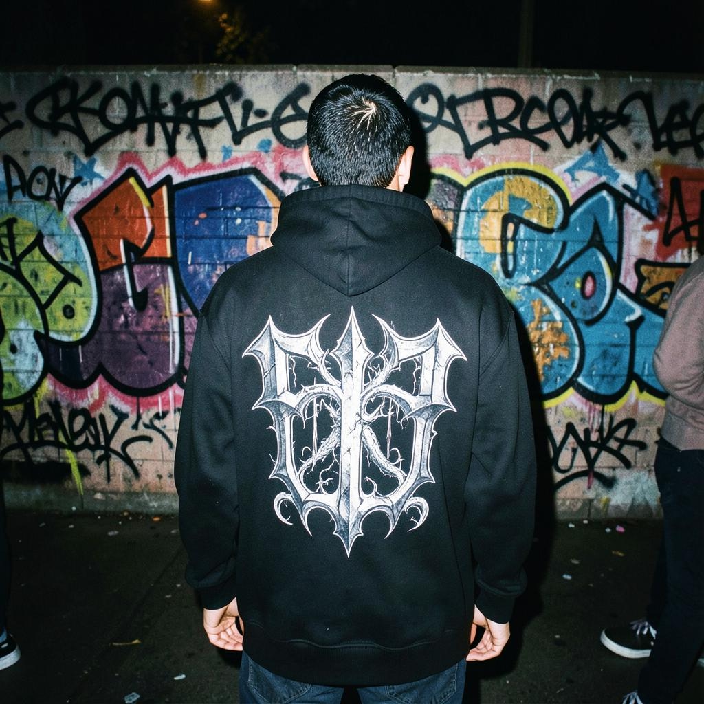 Cronie showing a gothic back print in front of graffiti