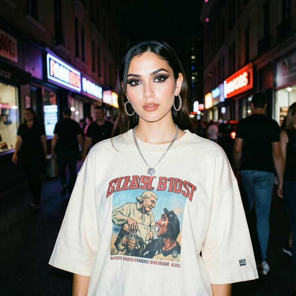 Cronie in a cream oversized tee under neon lights